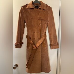 Bebe Cognac Suede Double-Breasted Trench Coat, Size Small